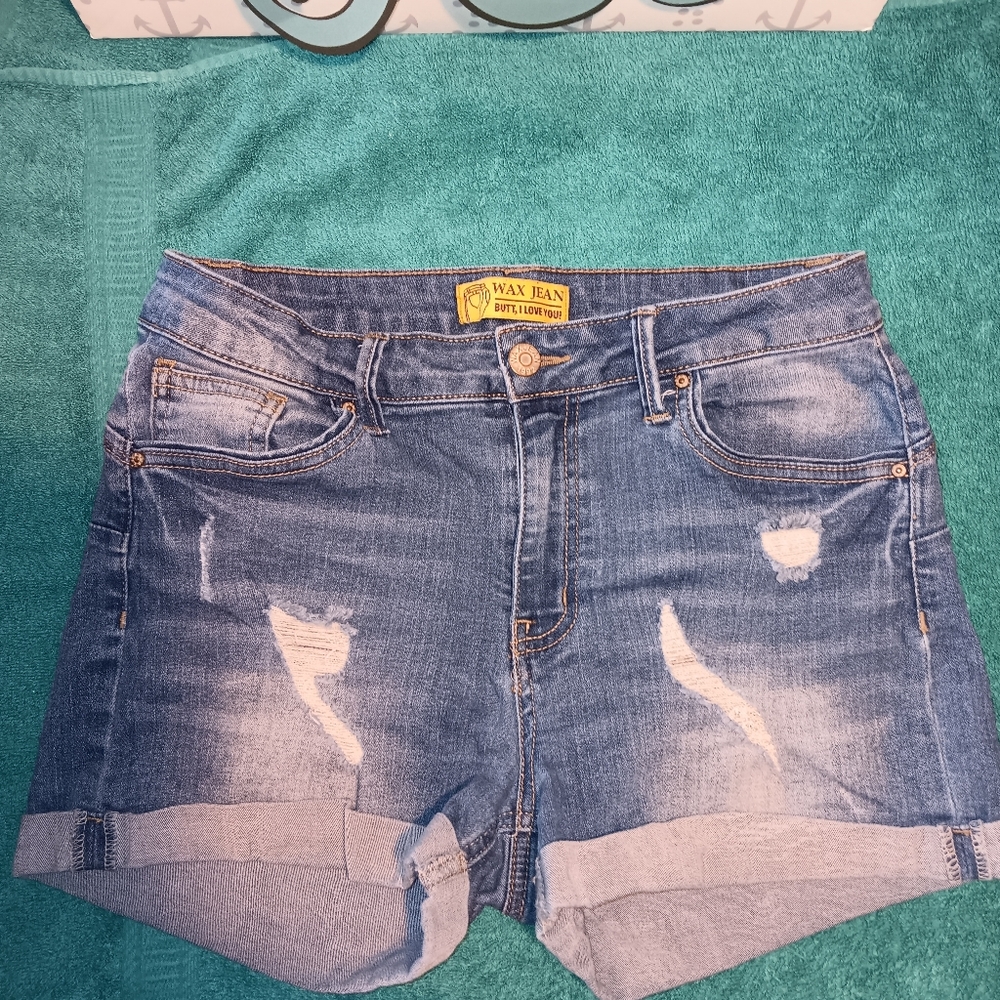 Euc Wax Jean Blue Denim SHORTS SZ M Distressed Look